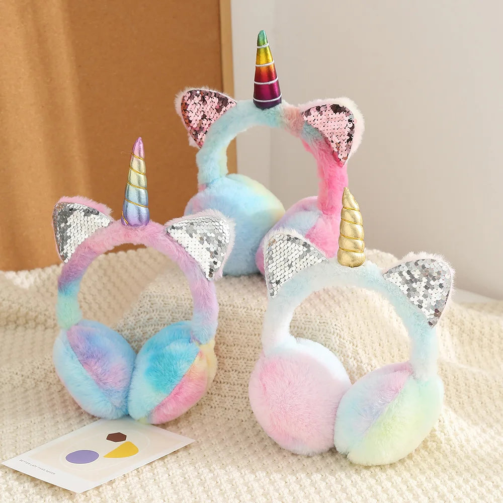 Unicorn Children Warm Earmuffs Soft Plush Colorful Earmuffs Kids' Earmuffs Fluffy Children's Earmuffs Women Cat Ear Earmuffs